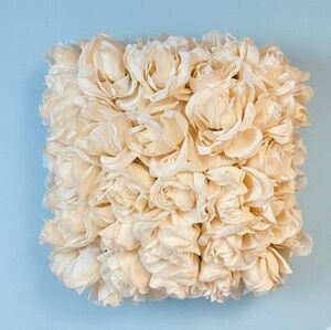 14”X14” ELEGANT RING PILLOW ADORNED WITH CREAM ROSES. IDEAL FOR WEDDING CEREMONY